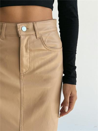 DERİ ETEK YIRTMAÇLI - Bej