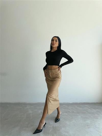 DERİ ETEK YIRTMAÇLI - Bej