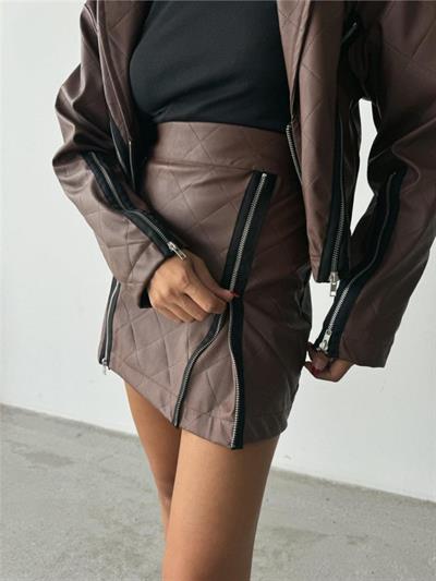 DERİ FERMUAR DETAYLI ETEK - Taba