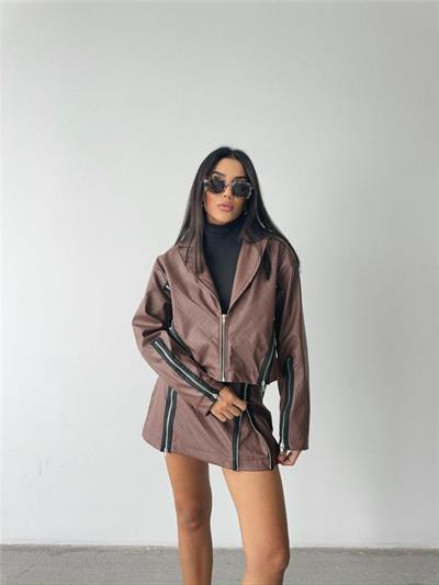 DERİ FERMUAR DETAYLI ETEK - Taba