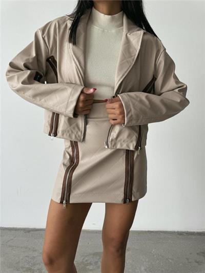 DERİ FERMUAR DETAYLI ETEK - Taş