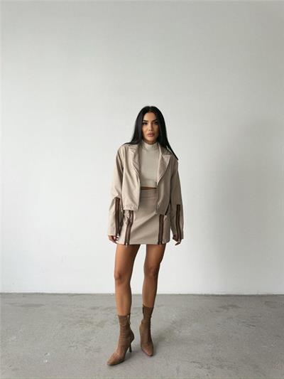 DERİ FERMUAR DETAYLI ETEK - Taş