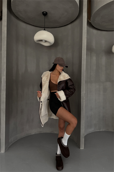 DERİ MONT KOL VE YAKA PELUŞ KAPAKSIZ CEP DETAYLI - Kahverengi