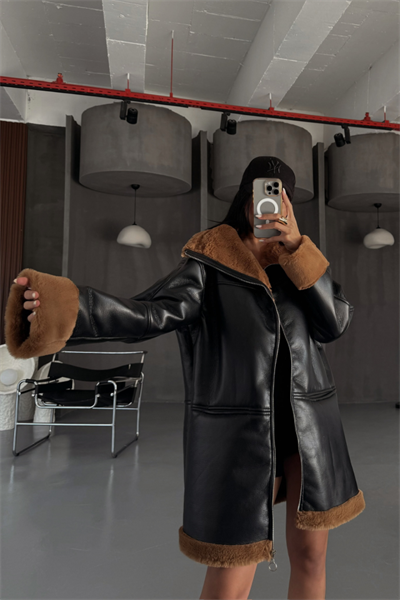 DERİ MONT KOL VE YAKA PELUŞ KAPAKSIZ CEP DETAYLI - Siyah-Taba