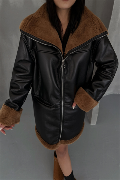 DERİ MONT KOL VE YAKA PELUŞ KAPAKSIZ CEP DETAYLI - Siyah-Taba