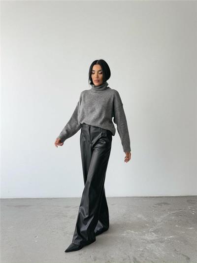 DERİ PALAZZO PANTOLON BORU PAÇA - Siyah