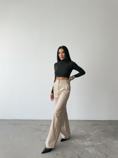 DERİ PALAZZO PANTOLON BORU PAÇA - Taş