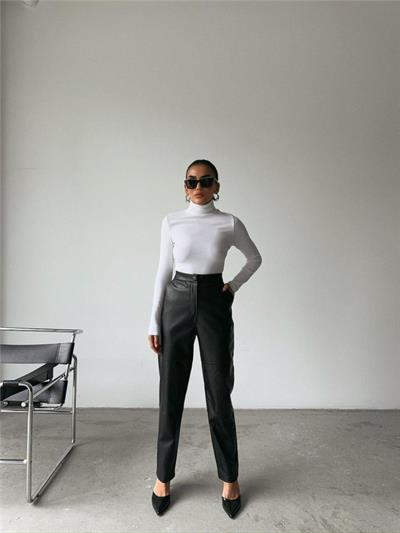 DERİ PANTOLON DİZ PARÇALI - Siyah