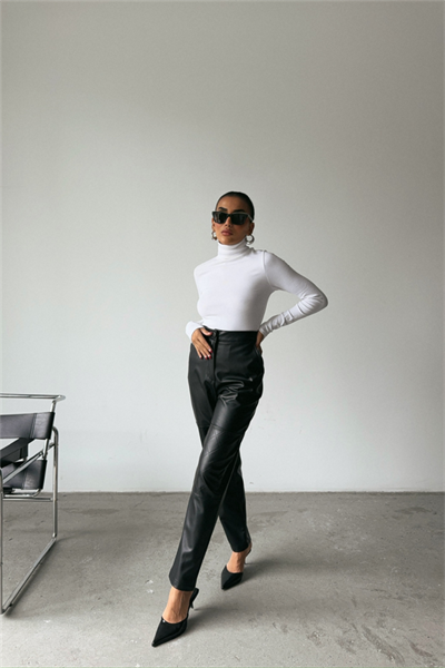 DERİ PANTOLON DİZ PARÇALI - Siyah