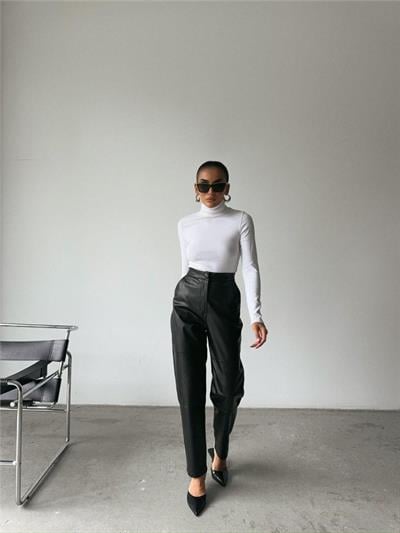 DERİ PANTOLON DİZ PARÇALI - Siyah