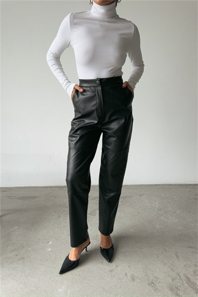 DERİ PANTOLON DİZ PARÇALI - Siyah