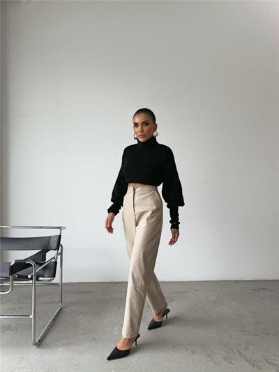 DERİ PANTOLON DİZ PARÇALI - Taş