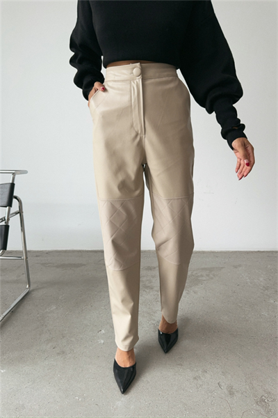 DERİ PANTOLON DİZ PARÇALI - Taş