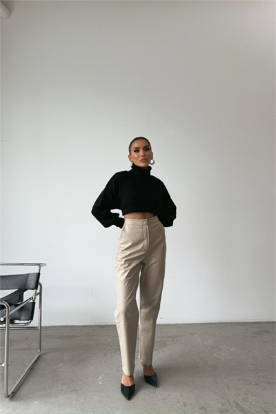 DERİ PANTOLON DİZ PARÇALI - Taş