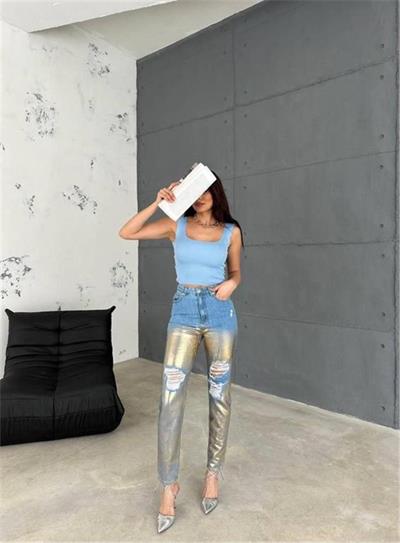 DİZ YIRTIK VARAKLI MOM KOT PANTOLON - Gold