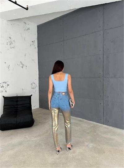 DİZ YIRTIK VARAKLI MOM KOT PANTOLON - Gold