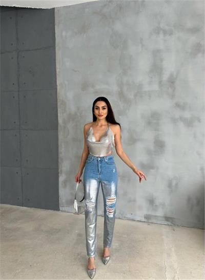 DİZ YIRTIK VARAKLI MOM KOT PANTOLON - Gümüş