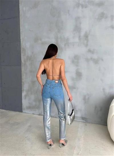 DİZ YIRTIK VARAKLI MOM KOT PANTOLON - Gümüş