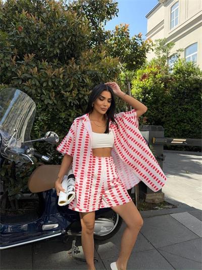 DUDAK BASKI GÖMLEK - ŞORT TAKIM - Bej