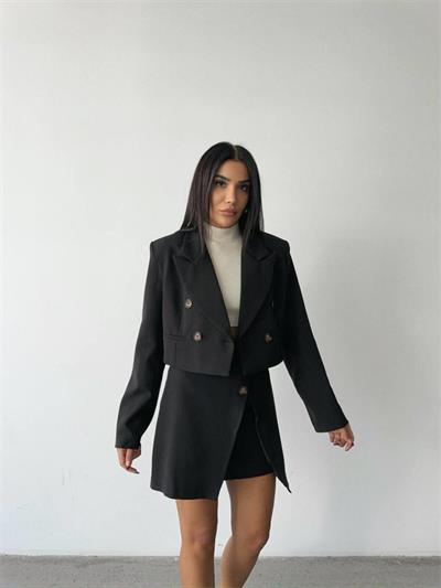 DÜĞME DETAYLI ETEK - CROP CEKET TAKIM - Siyah