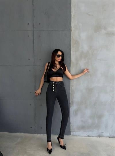 DÜĞME VE FERMUARLI KOT PANTOLON - Siyah