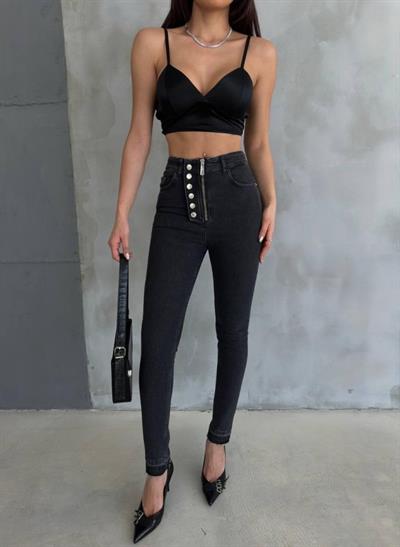 DÜĞME VE FERMUARLI KOT PANTOLON - Siyah