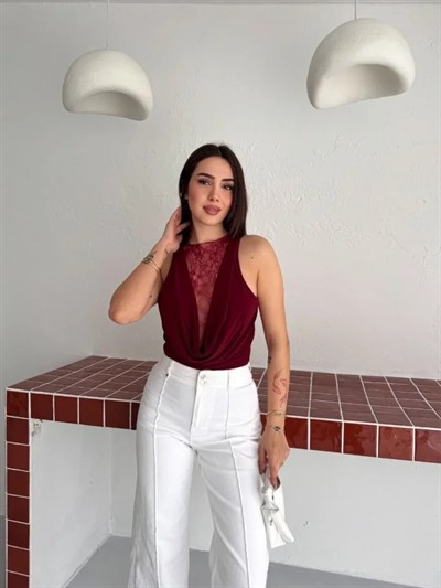 Dantel Detaylı Derin Dekolte Body Şık Kolsuz Yazlık Bodysuit - Bordo