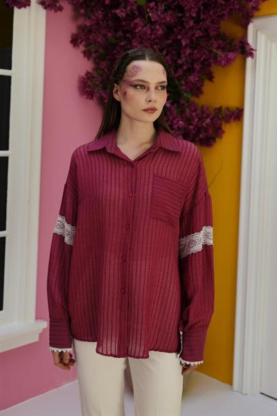 Dantel Detaylı Gömlek - Vişne