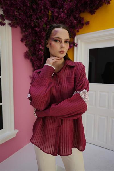 Dantel Detaylı Gömlek - Vişne