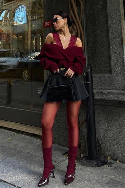 Dantel Detaylı Kruvaze Triko Kazak 1360