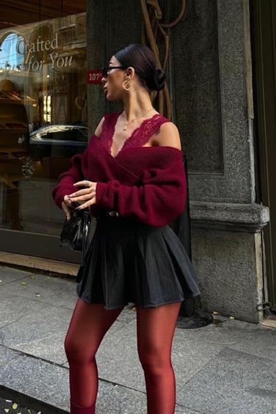 Dantel Detaylı Kruvaze Triko Kazak 1360