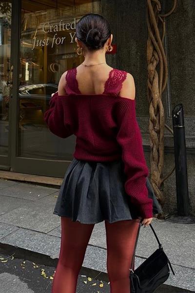 Dantel Detaylı Kruvaze Triko Kazak 1360