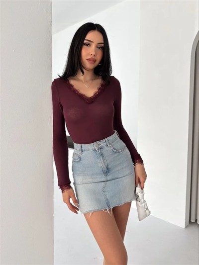 Dantel Detaylı V Yaka Arkası V Yaka Kaşmir Dokulu Uzun Kollu Bluz - Bordo