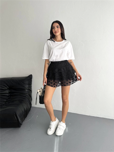 Dantel Şortlu Etek - Siyah