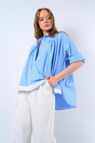 Dantelli Gömlek - Mavi-Beyaz