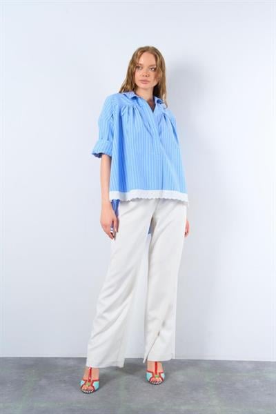 Dantelli Gömlek - Mavi-Beyaz