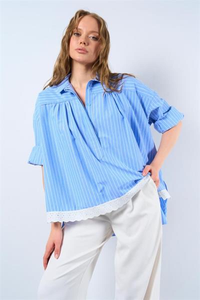Dantelli Gömlek - Mavi-Beyaz