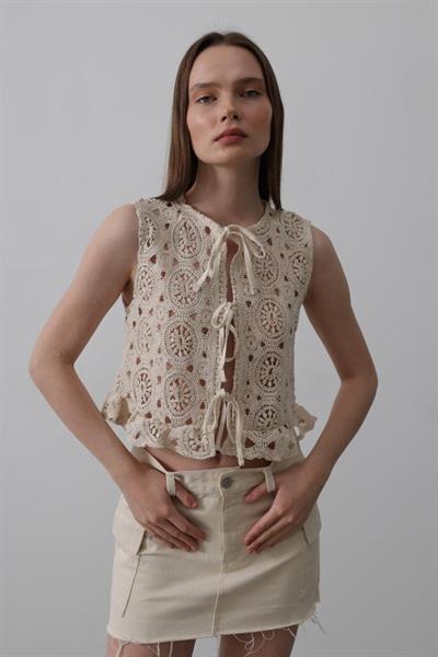 Dantelli Önü Bağlamalı Yelek - Natür