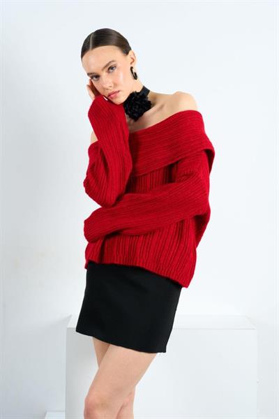 Degaje Yaka Fitilli Kazak - Kırmızı