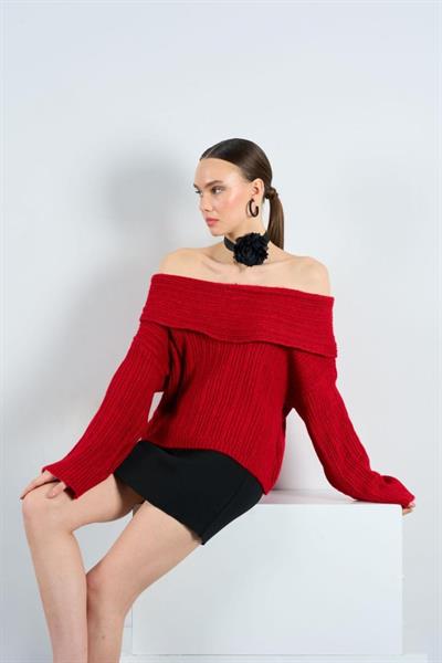 Degaje Yaka Fitilli Kazak - Kırmızı