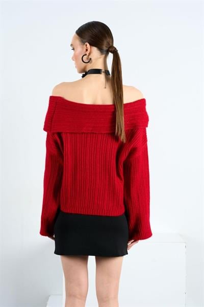 Degaje Yaka Fitilli Kazak - Kırmızı