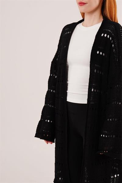 Delikli Geçişli Püskül Detay Uzun Triko Siyah Hırka