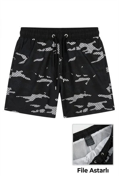 Deniz Şortu Fermuarlı Cepli File Astarlı Hızlı Kuruyan Premium - Siyah