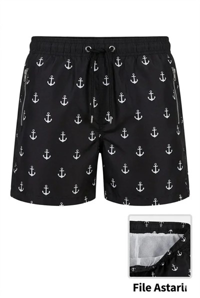 Deniz Şortu Fermuarlı Cepli File Astarlı Hızlı Kuruyan Premium - Siyah