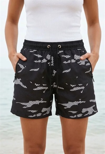 Deniz Şortu Fermuarlı Cepli File Astarlı Hızlı Kuruyan Premium - Siyah