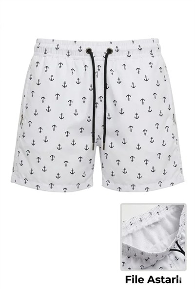 Deniz Şortu Fermuarlı Cepli File Astarlı Hızlı Kuruyan Premium - Beyaz