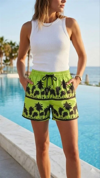 Deniz Şortu Fermuarlı Cepli File Astarlı Hızlı Kuruyan Premium - Neon Yeşili