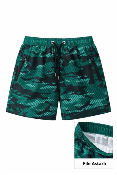 Deniz Şortu Fermuarlı Cepli File Astarlı Hızlı Kuruyan Premium - Su Yeşili