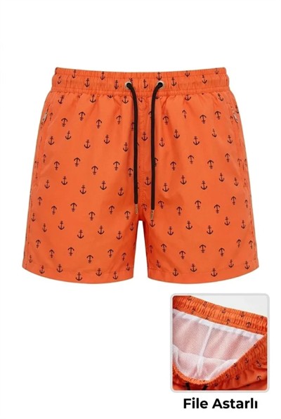 Deniz Şortu Fermuarlı Cepli File Astarlı Hızlı Kuruyan Premium - Turuncu