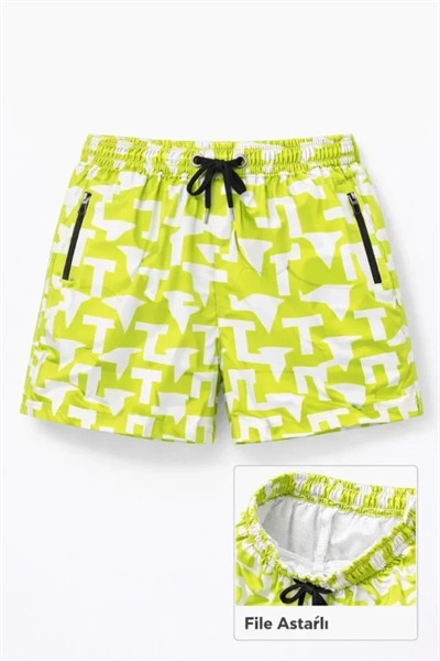 Deniz Şortu Fermuarlı Cepli File Astarlı Hızlı Kuruyan Premium - Neon Yeşili